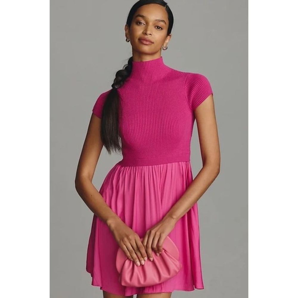 Anthropologie Short Sleeve Mock Neck Twofer Sweater Mini Dress Pink XS